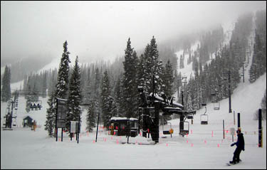 The base of Mary Jane ski area on a wintry day.