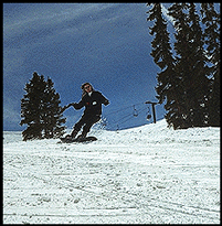 [Laurel shredding A-Basin.]