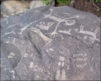 Rock art found along the Rio Grande River in New Mexico.